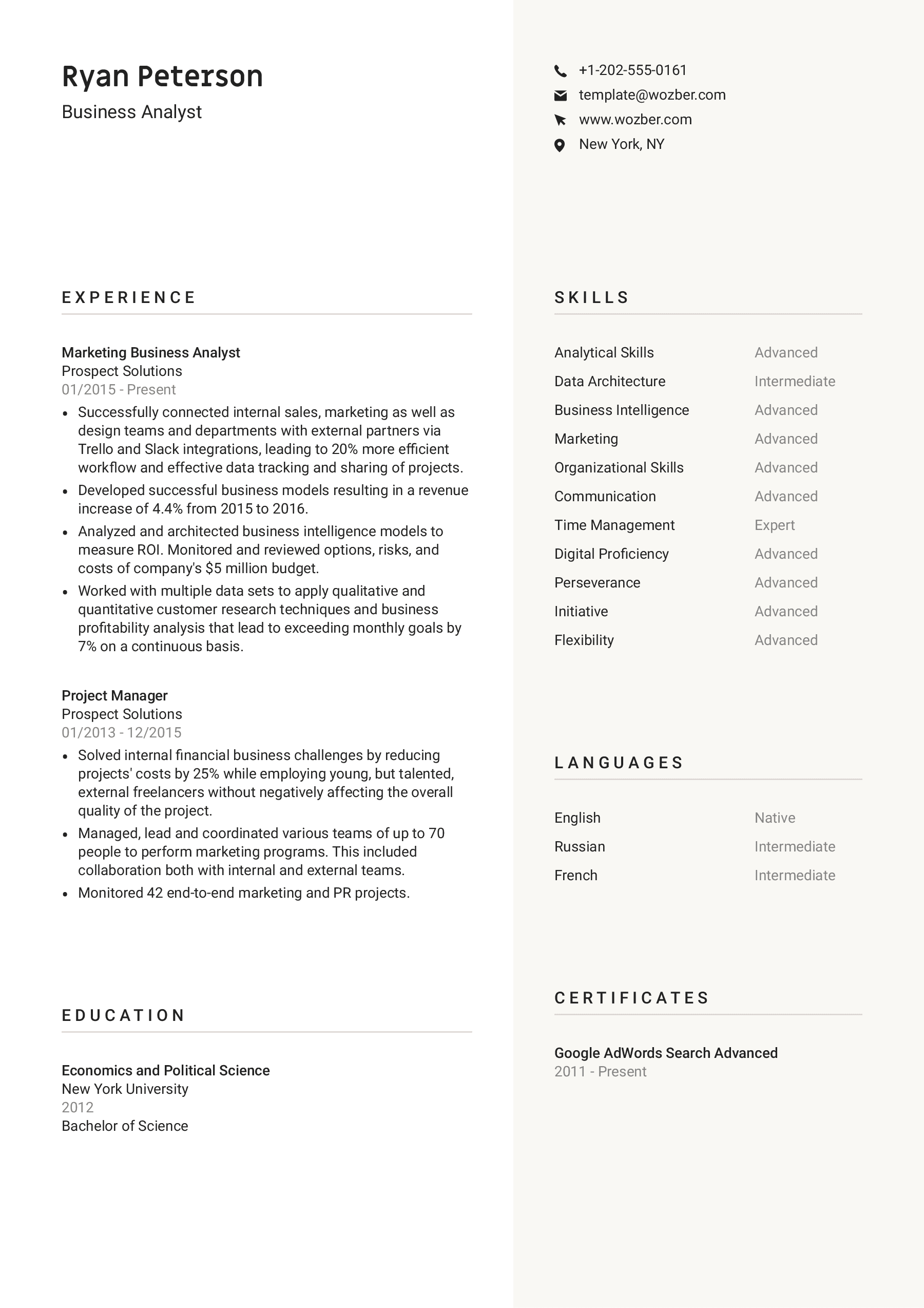 A modern two-column resume template with a soft and matching color choice, built for professionals who wish a clean and simple design solution to portray their work achievements.