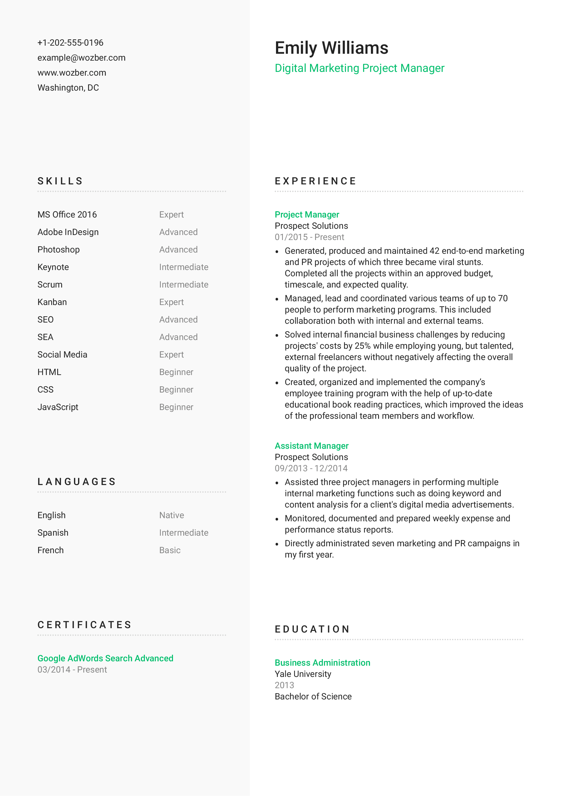 A modern two-column CV template for those who prefer an attractive appearance.