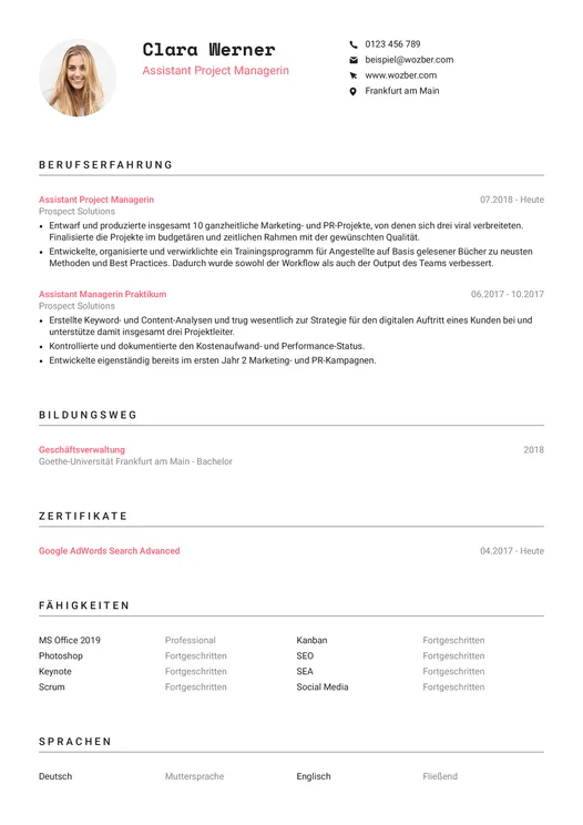 Beispielhafter Lebenslauf einer Assistant Project Managerin