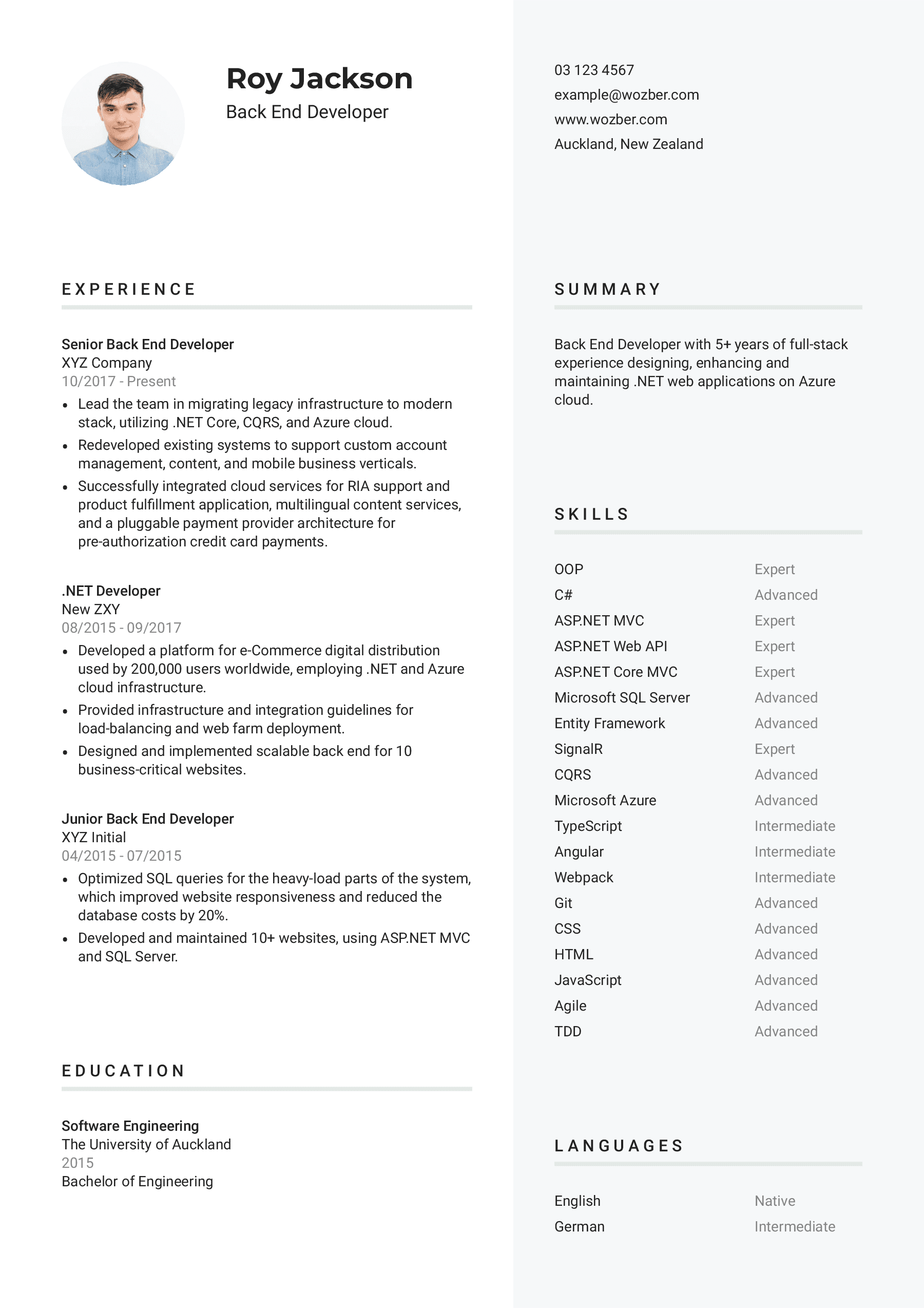 Beispielhafter Lebenslauf eines Back End Developer (Englisch)