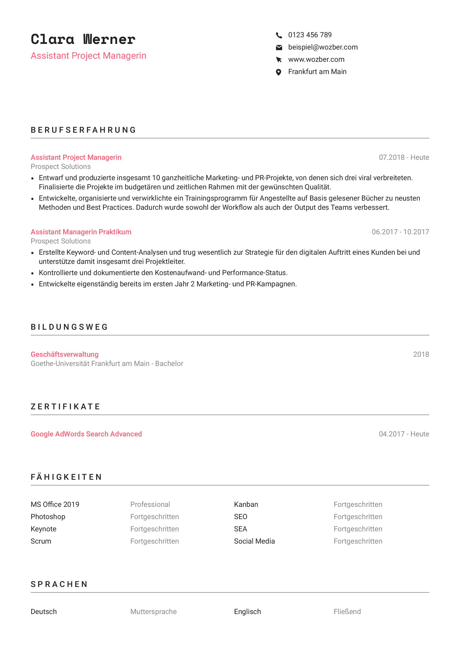 Beispielhafter Lebenslauf einer Assistant Project Managerin