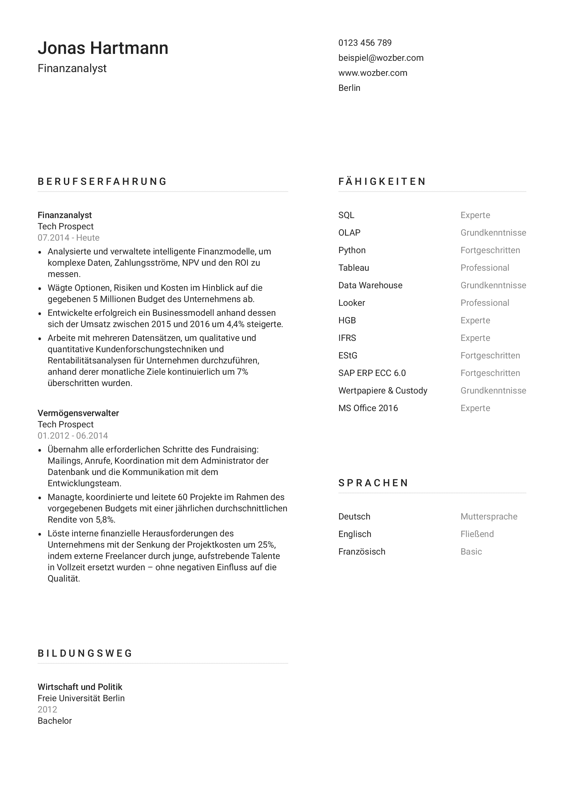 Beispielhafter Lebenslauf eines Finanzanalyst
