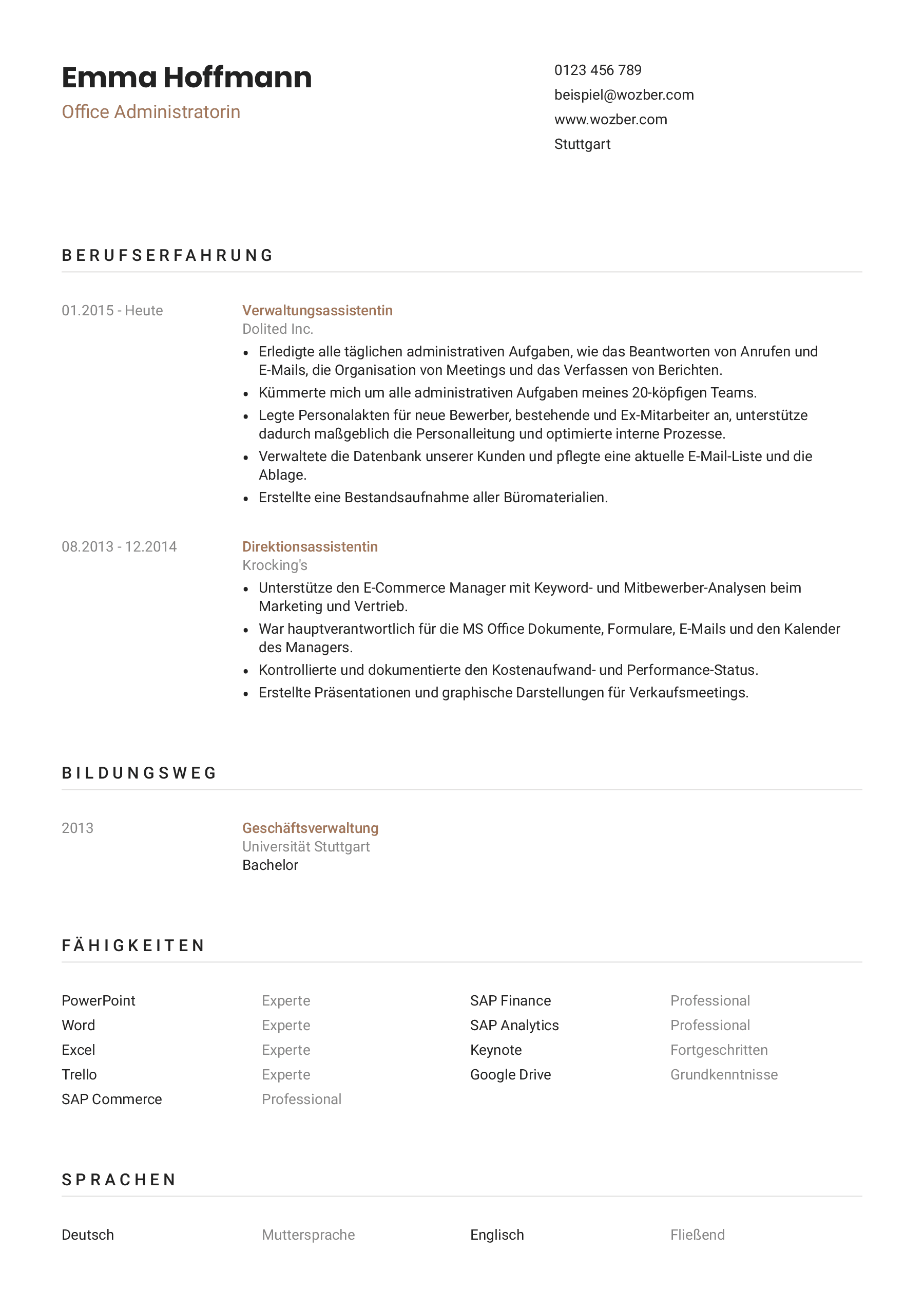 Beispielhafter Lebenslauf einer Office Administratorin