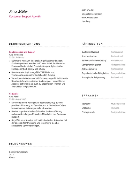 Beispielhafter Lebenslauf einer Customer Support Agentin