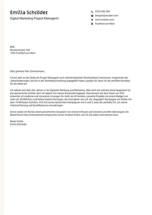 Beispielhaftes Anschreiben einer Digital Marketing Project Managerin