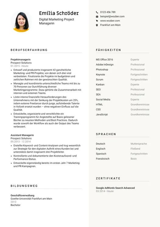 Beispielhafter Lebenslauf einer Digital Marketing Project Managerin