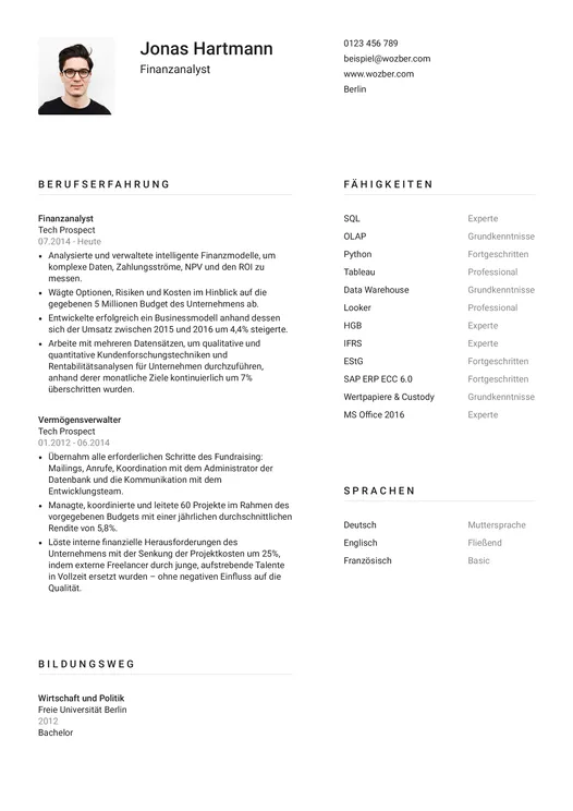 Beispielhafter Lebenslauf eines Finanzanalyst