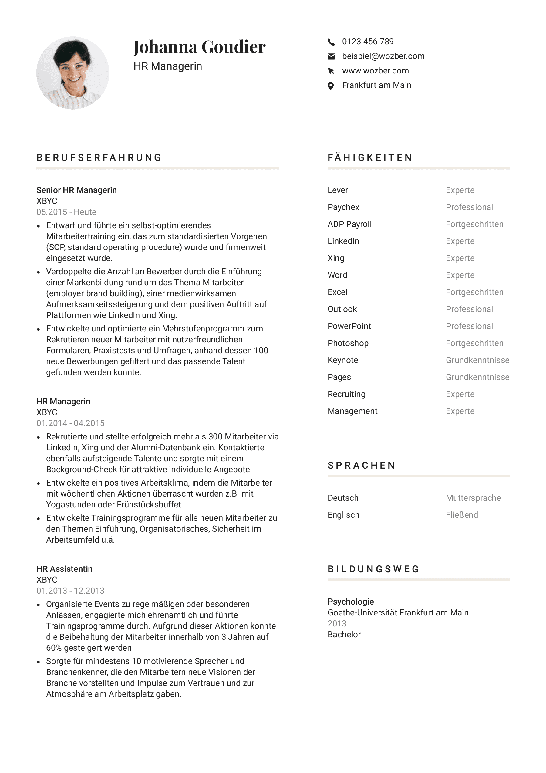 Beispielhafter Lebenslauf einer HR Managerin