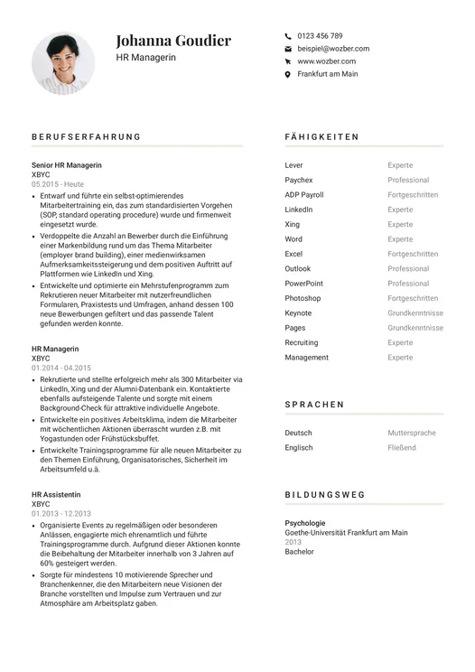 Beispielhafter Lebenslauf einer HR Managerin