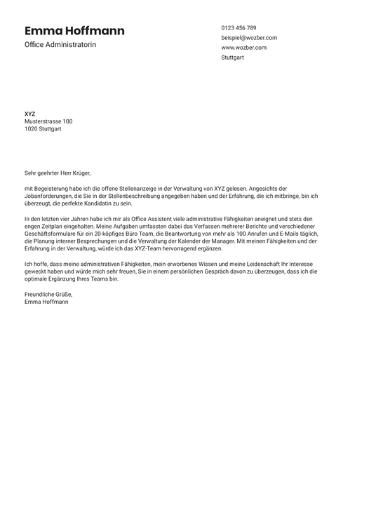 Office administrator Anschreiben Beispiel