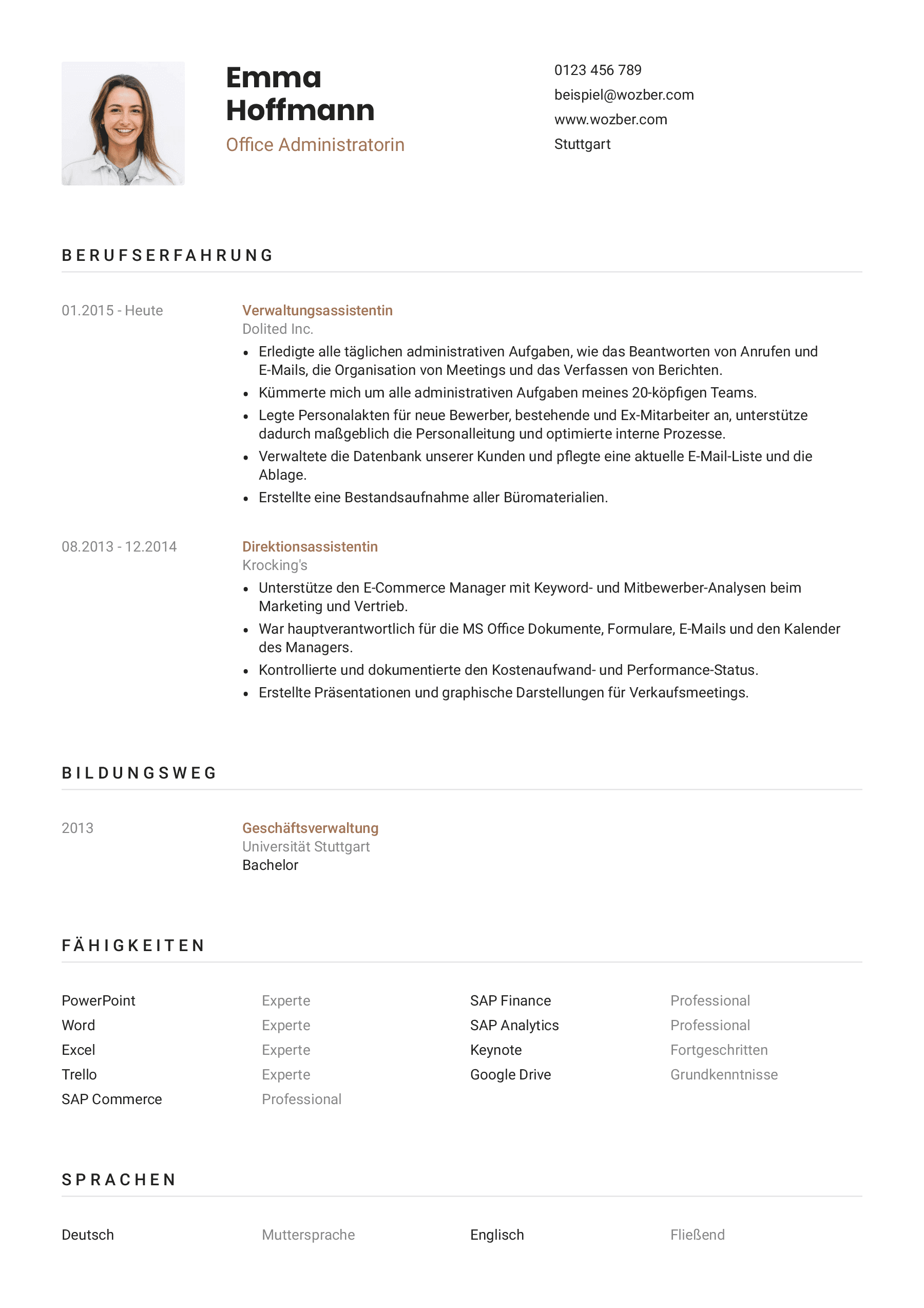 Beispielhafter Lebenslauf einer Office Administratorin