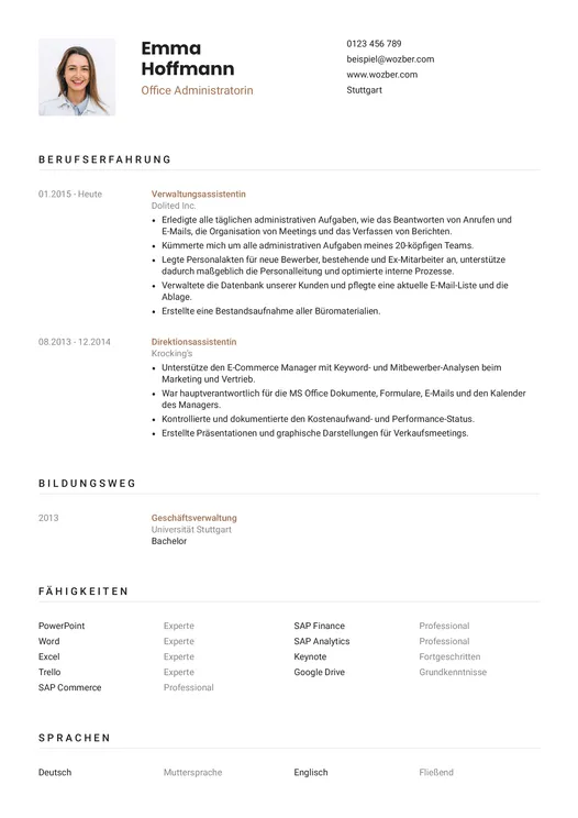 Beispielhafter Lebenslauf einer Office Administratorin