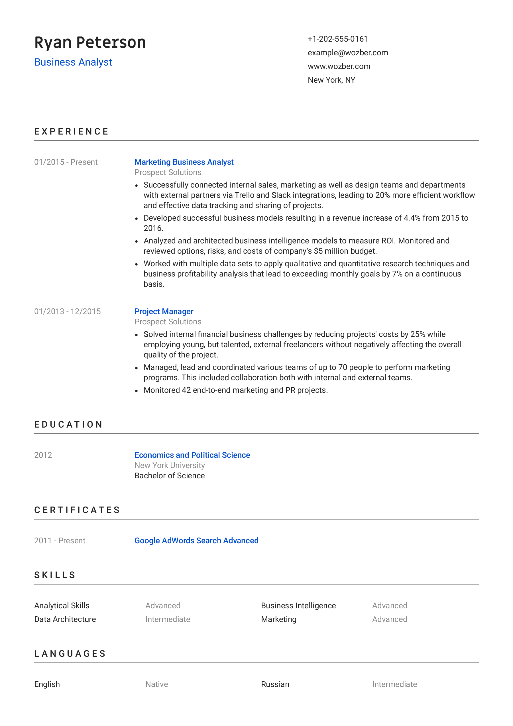 Modern resume example for Business Analyst position