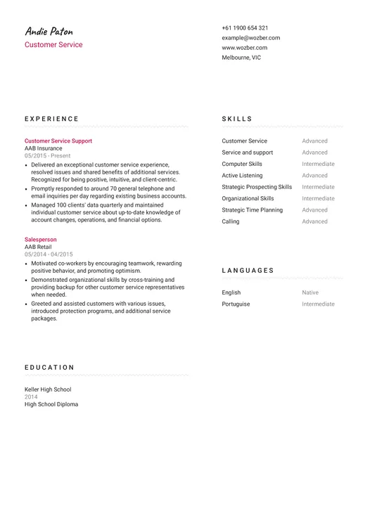 Modern resume example for Customer Service position