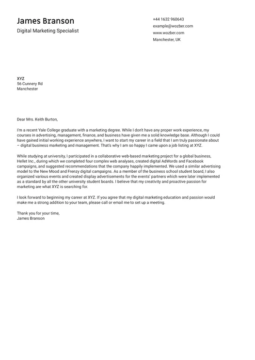 Modern cover letter example for Digital Marketing Specialist position