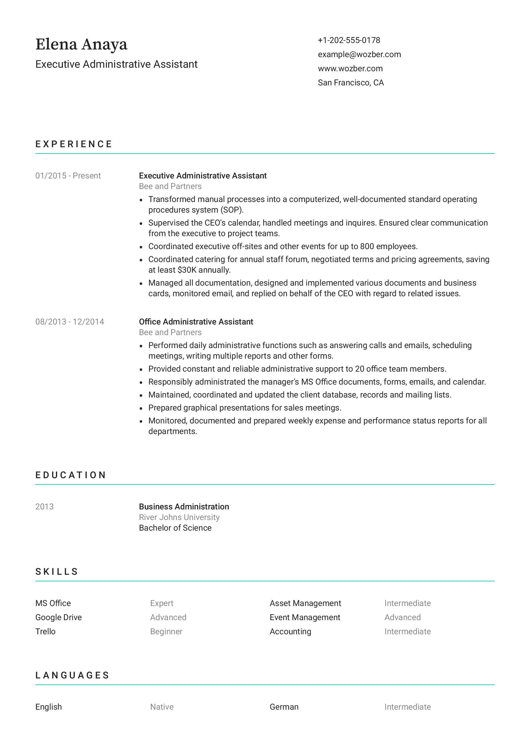 Modern resume example for Executive Administrative Assistant position