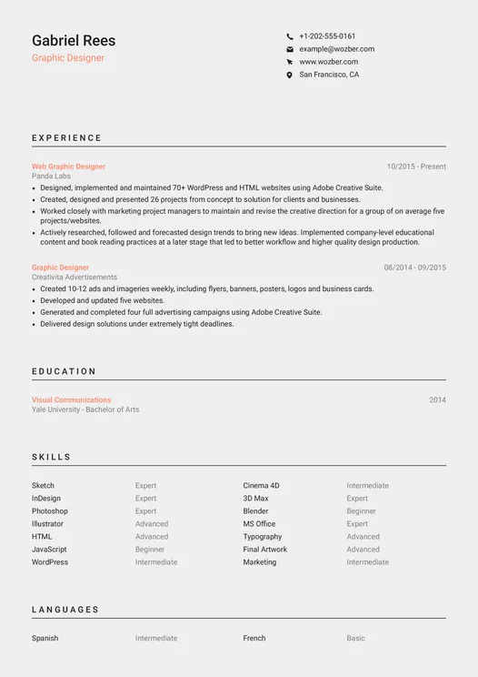 Modern resume example for Graphic Designer position
