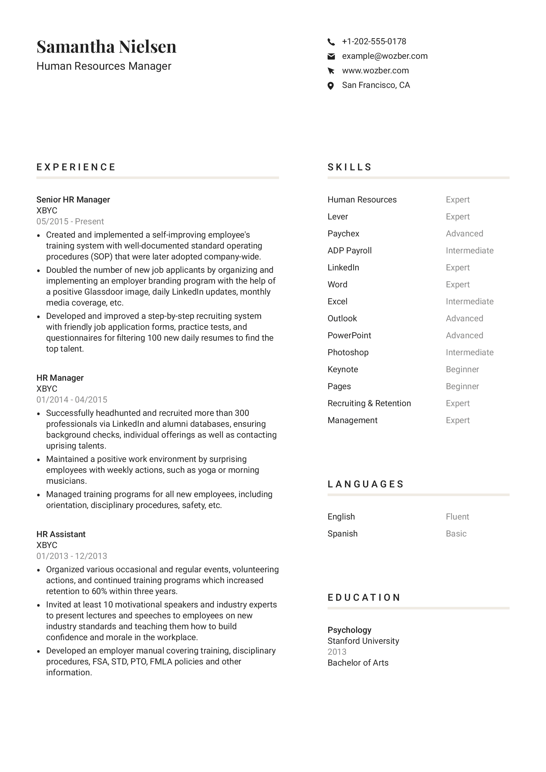 Modern resume example for Human Resources Manager position