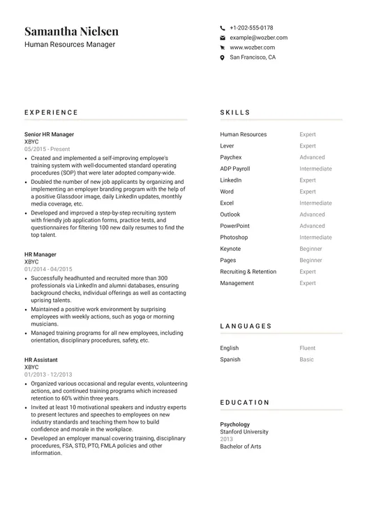 Modern resume example for Human Resources Manager position