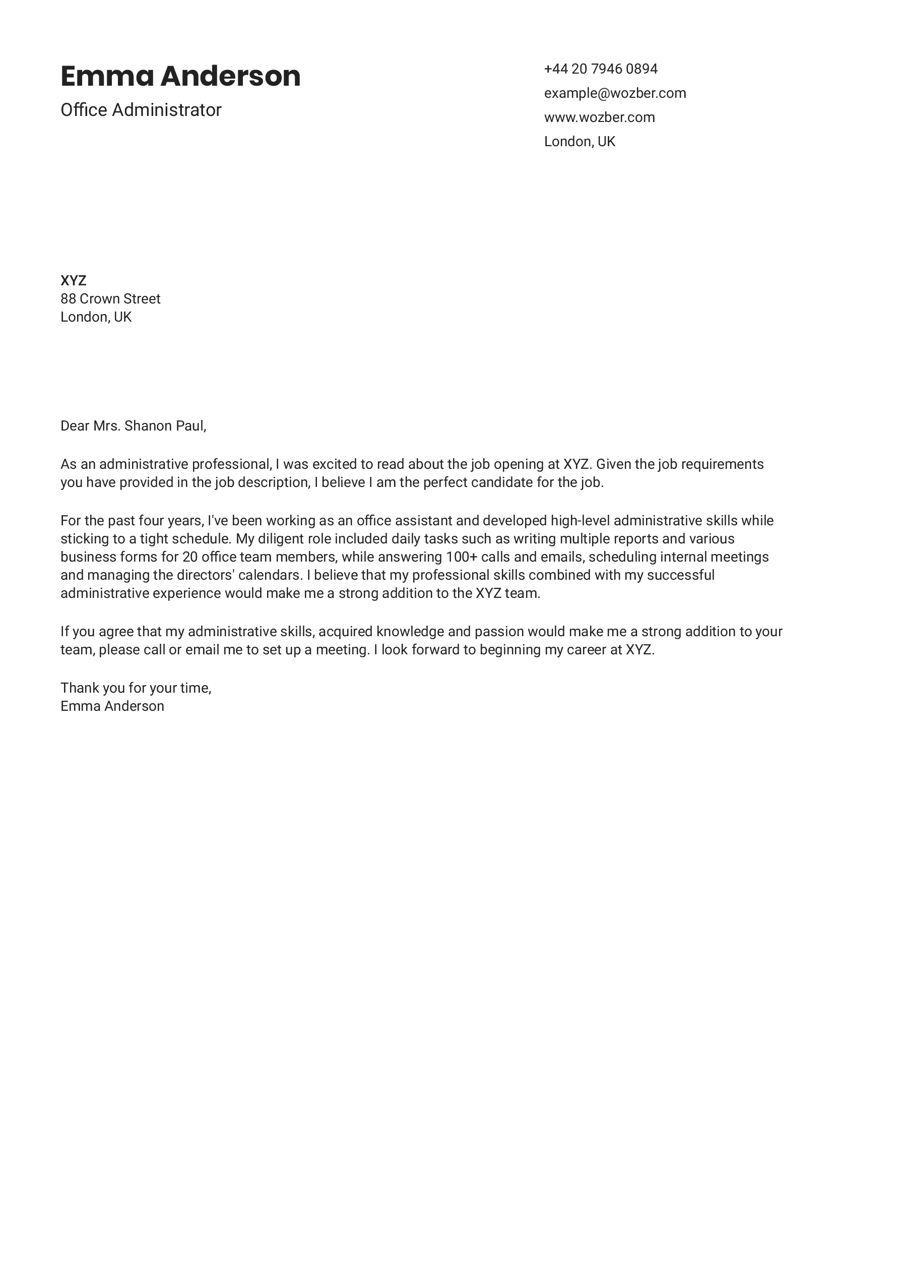 Modern cover letter example for Office Administrator position