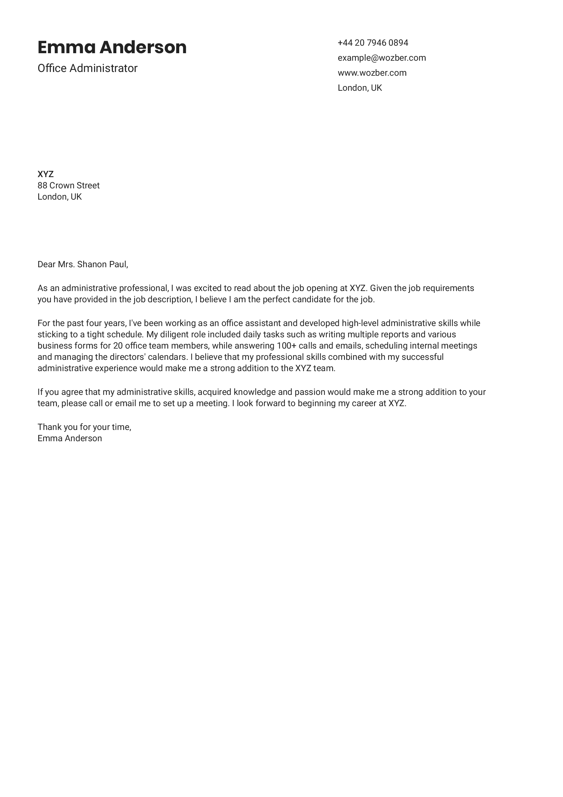 sample of cover letter for office administrator