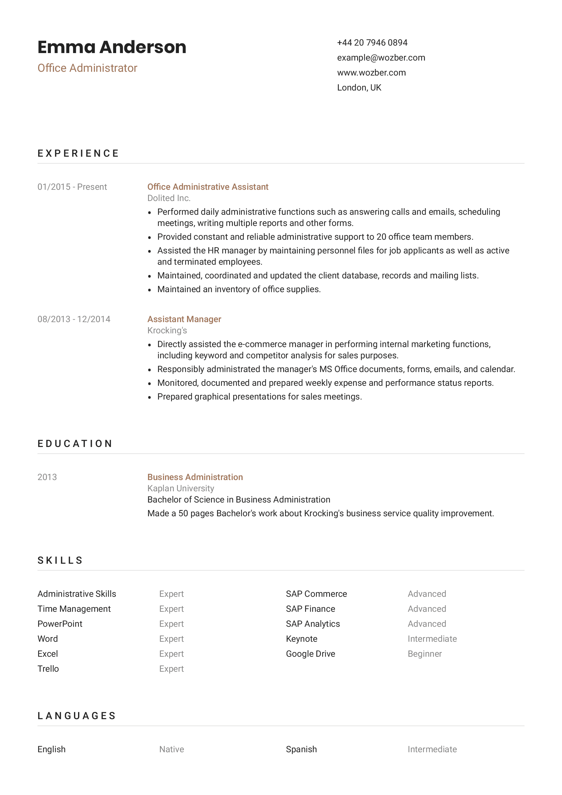 Modern resume example for Office Administrator position