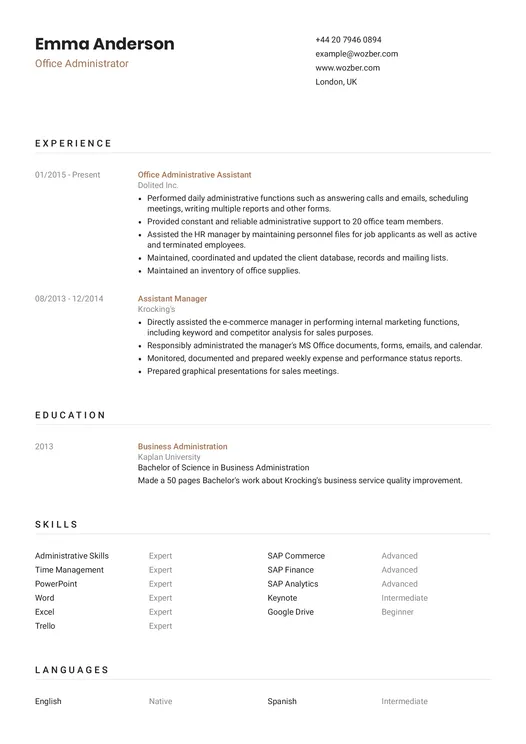 Modern resume example for Office Administrator position
