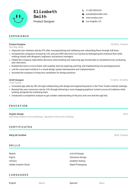 Modern resume example for Product Designer position