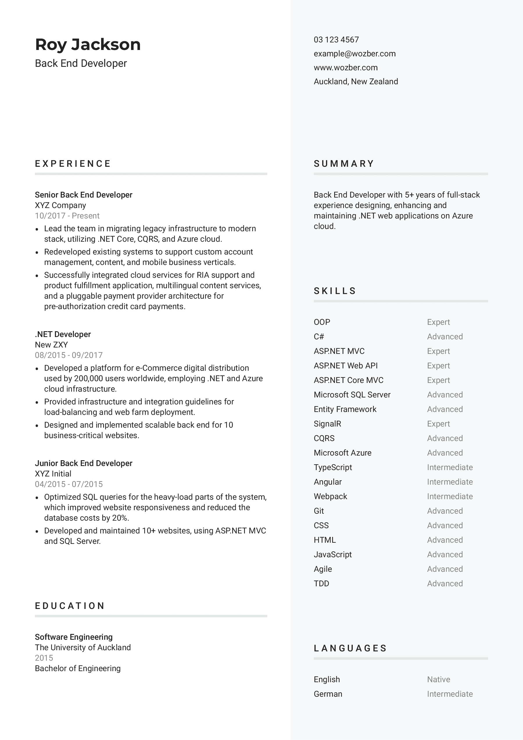 Modern resume example for Back End Developer position