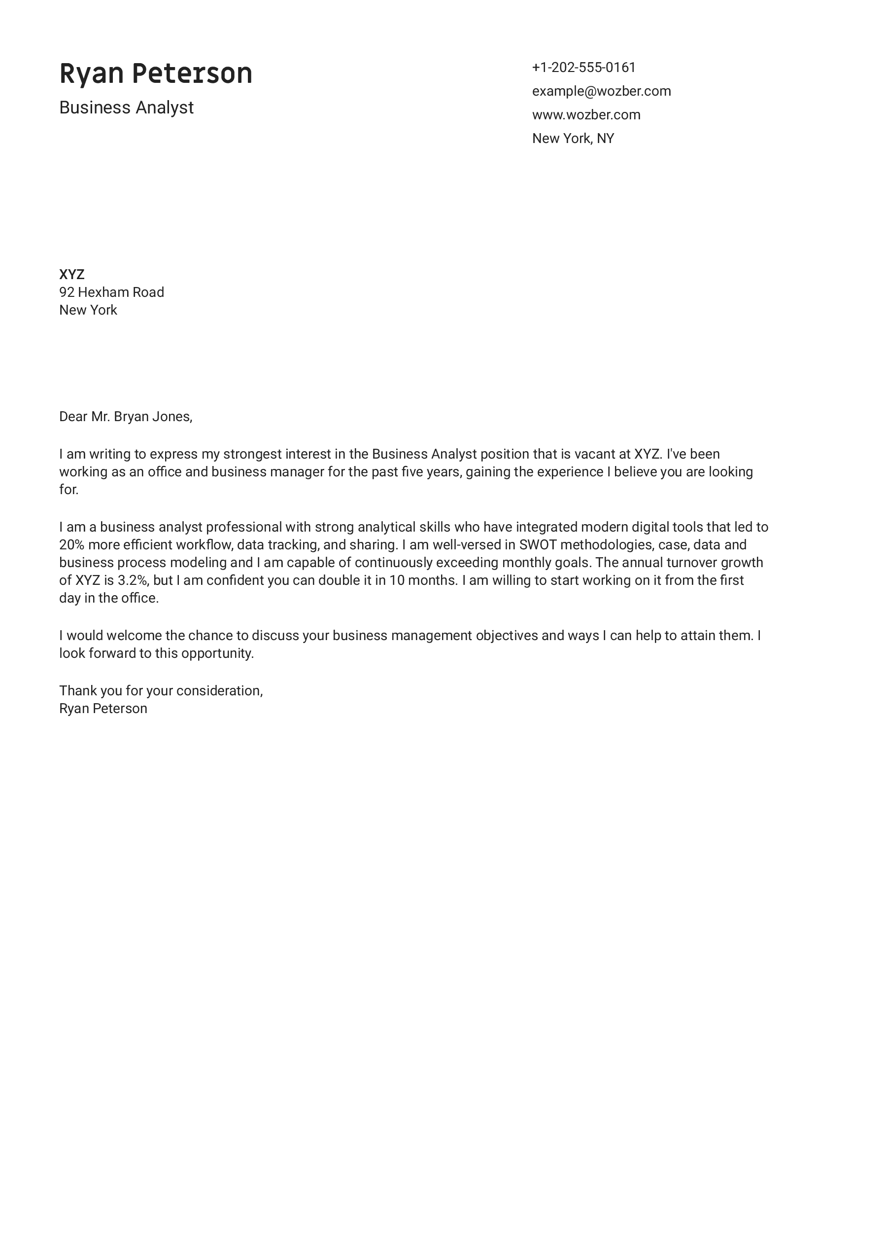 Business analyst cover letter example