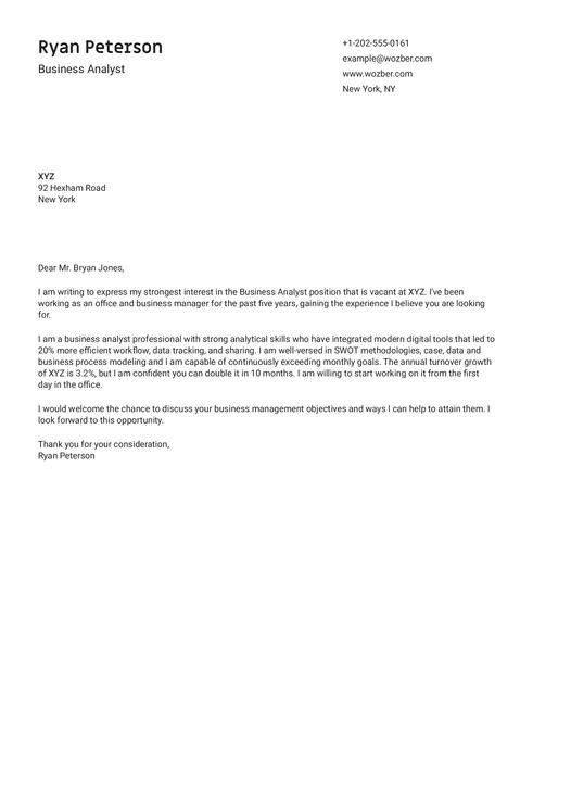 Modern cover letter example for Business Analyst position