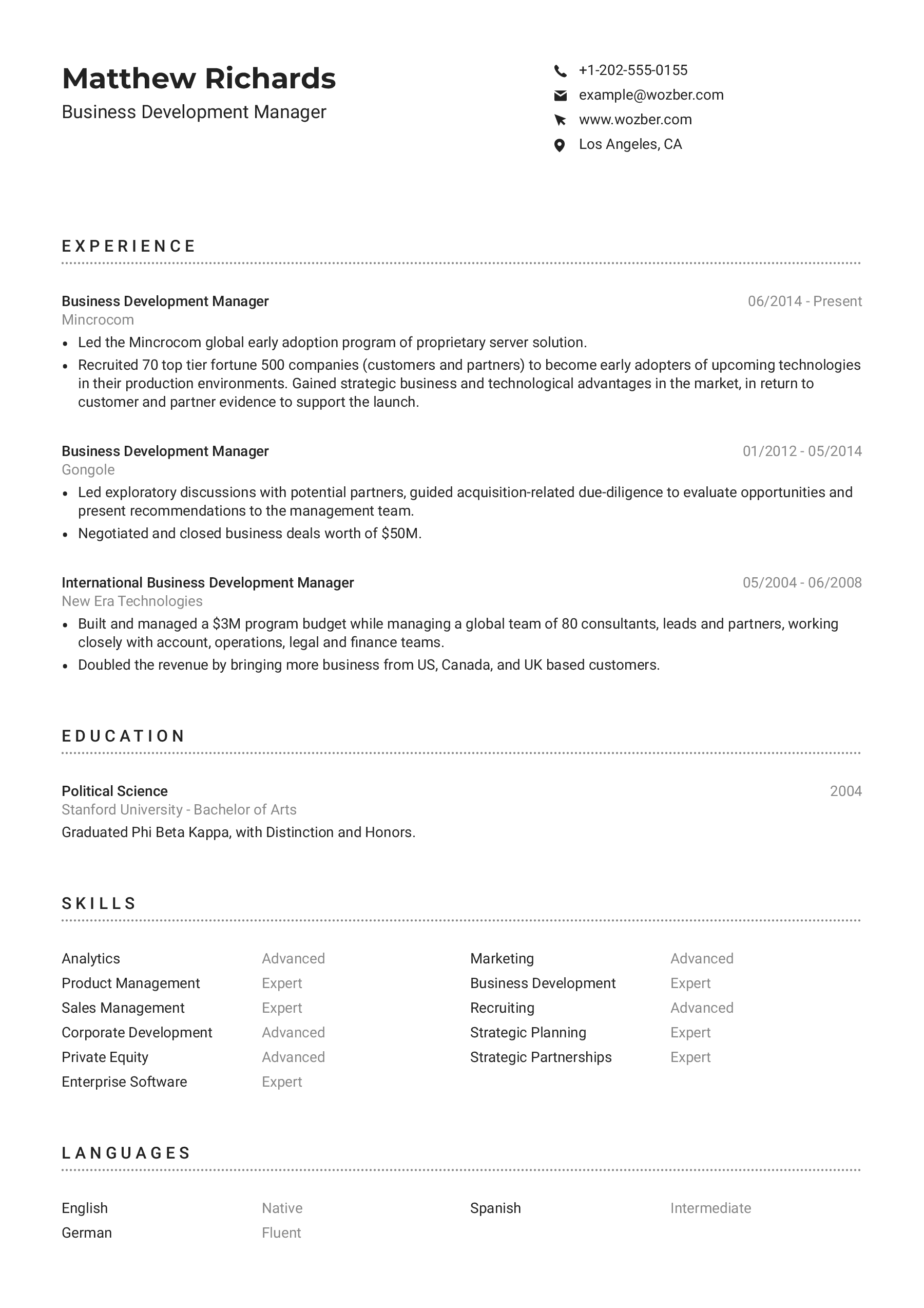 Modern resume example for Business Development Manager position