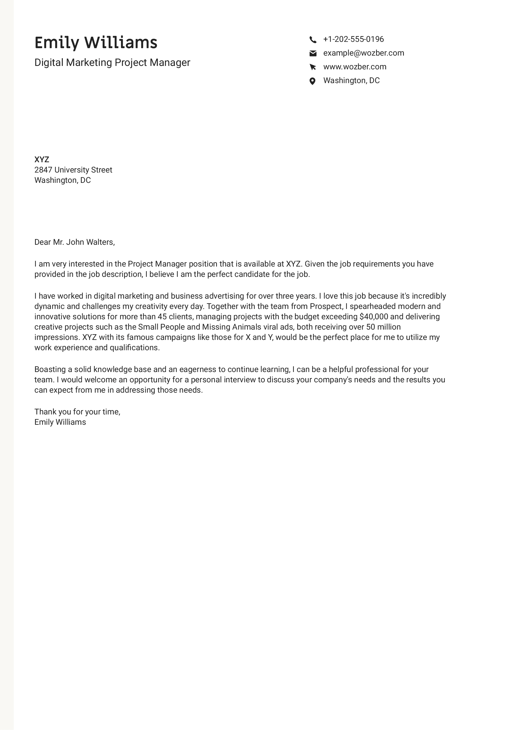 Digital marketing project manager cover letter example