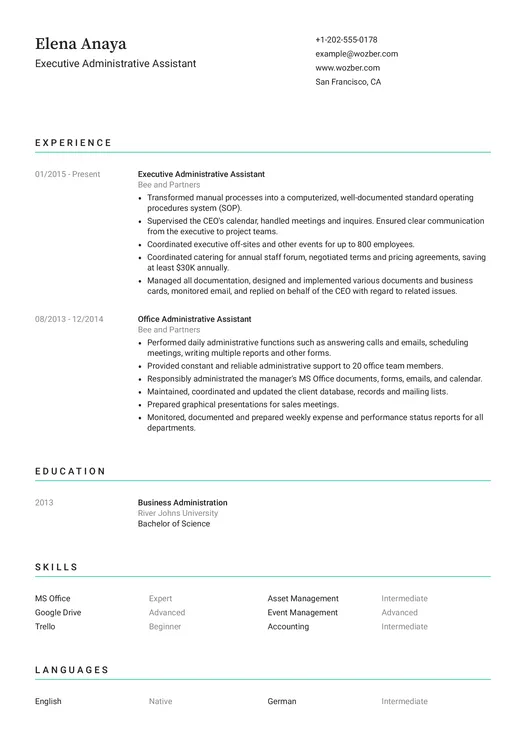 Modern resume example for Executive Administrative Assistant position