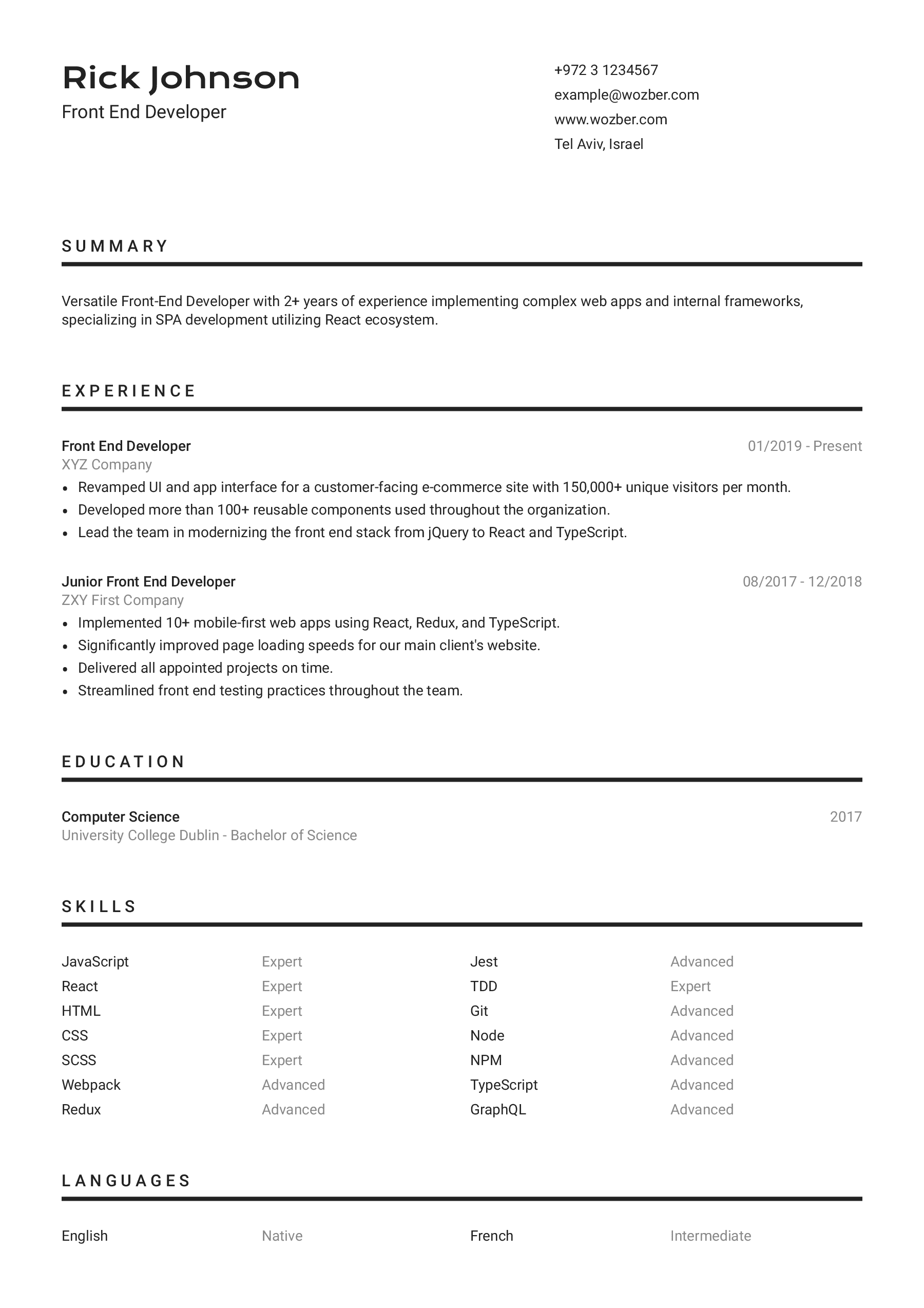 Modern resume example for Front End Developer position