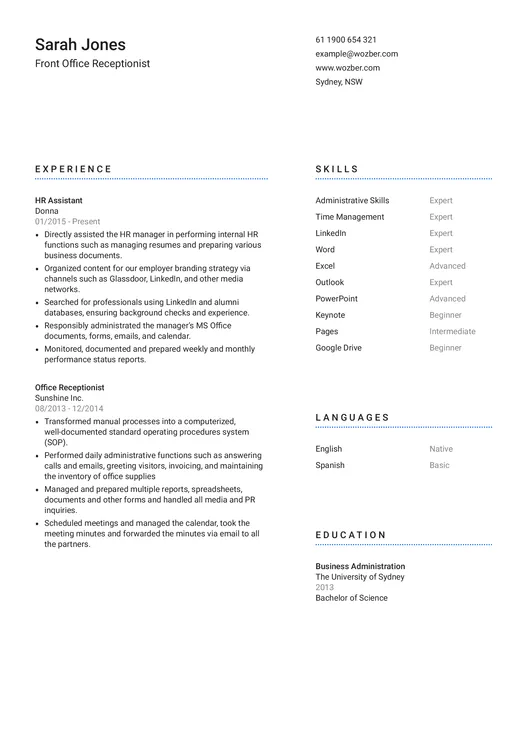 Modern resume example for Front Office Receptionist position