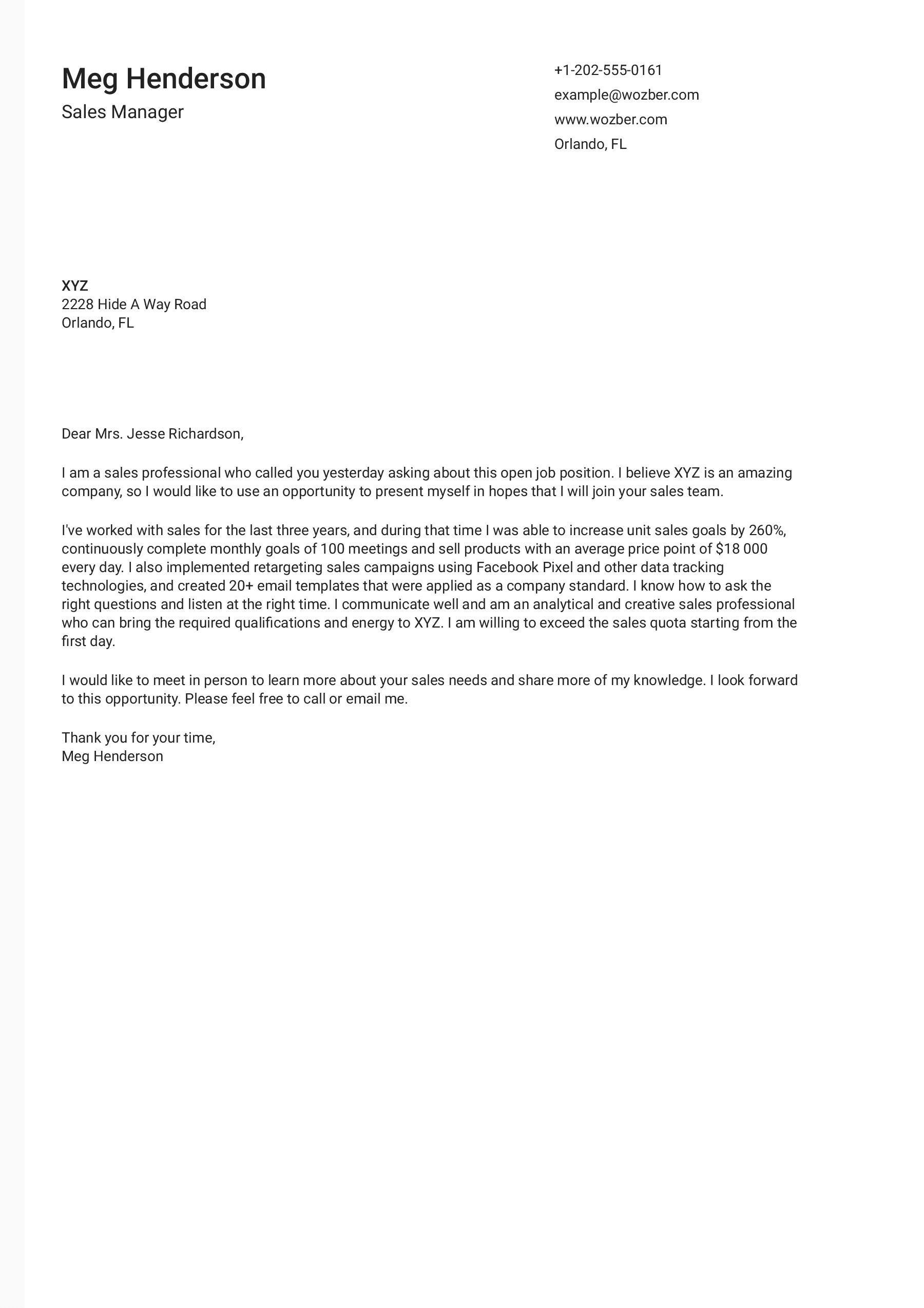 job application cover letter for sales