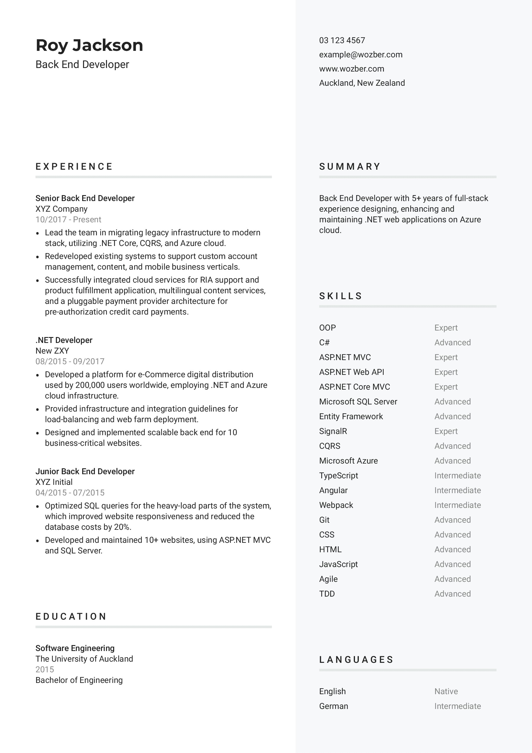 Back End Developer Resume Example