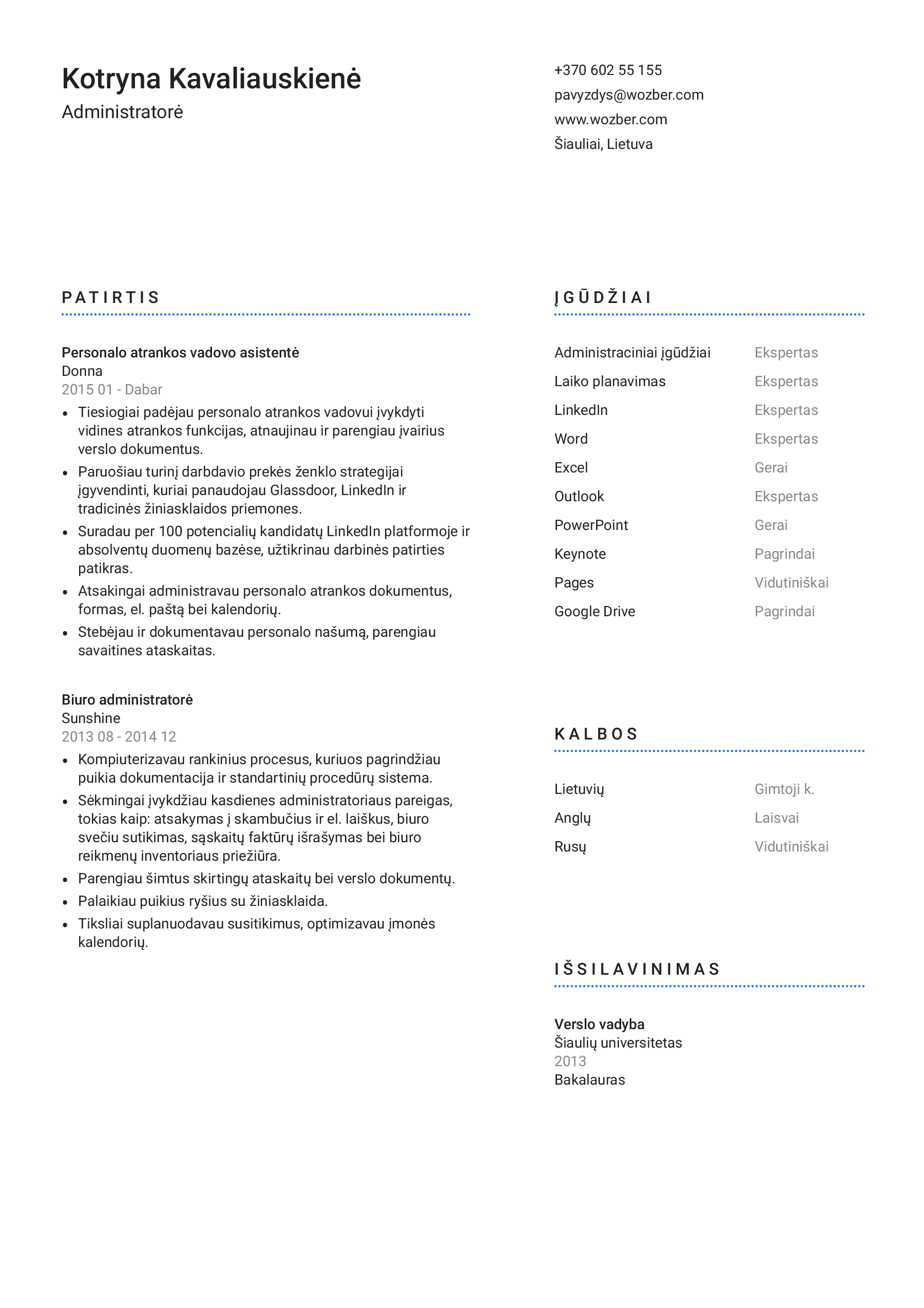 Modernus CV pavyzdys administratorės pozicijai