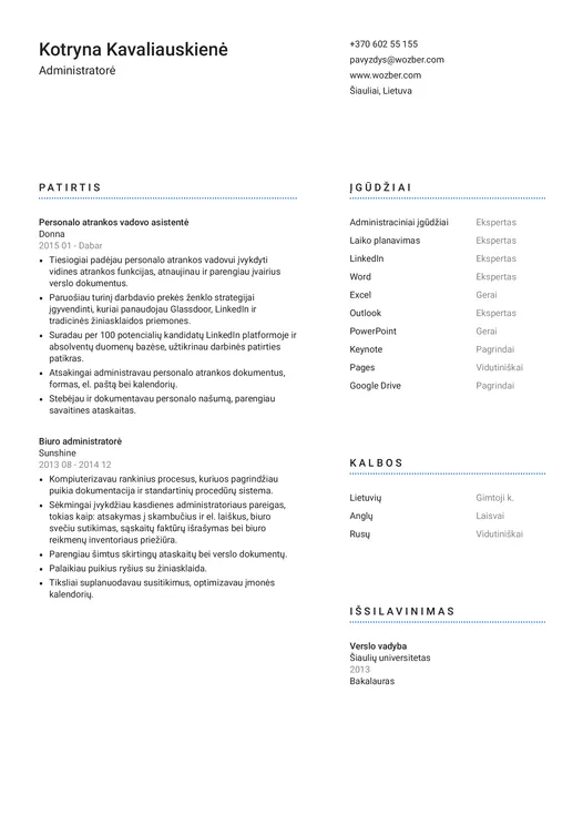 Modernus CV pavyzdys administratorės pozicijai