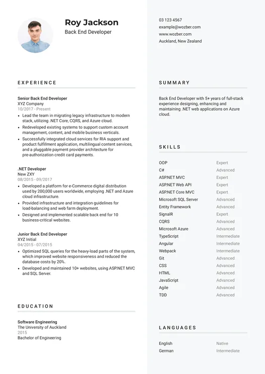 Modernus CV pavyzdys back-end programuotojo pozicijai (anglų kalba)