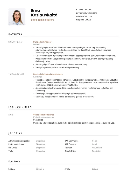 Modernus CV pavyzdys biuro administratorės pozicijai