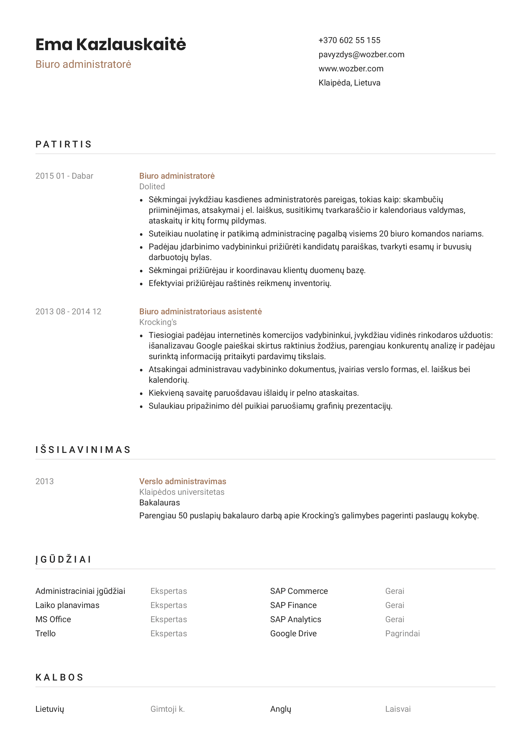 Modernus CV pavyzdys biuro administratorės pozicijai