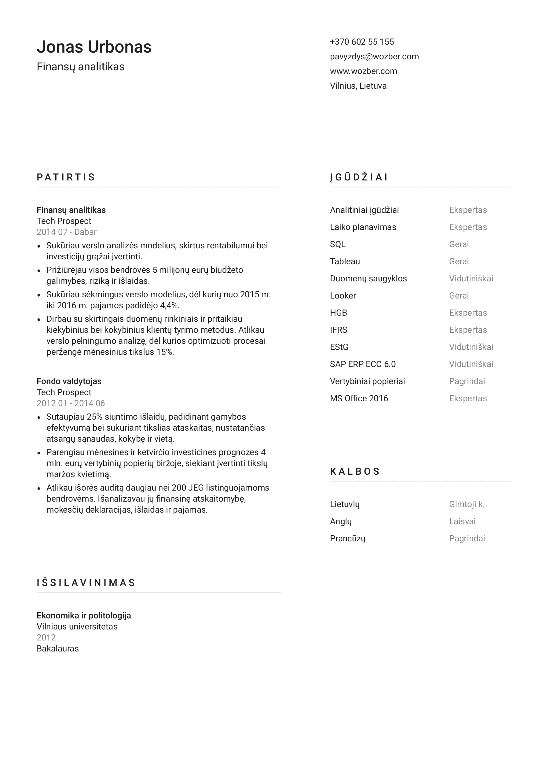 Modernus CV pavyzdys finansų analitiko pozicijai