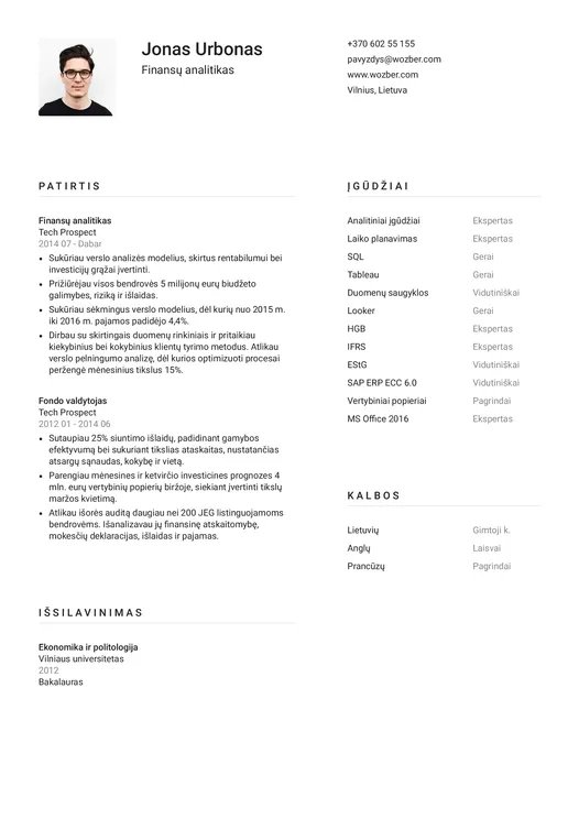 Modernus CV pavyzdys finansų analitiko pozicijai