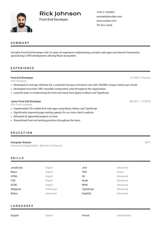 Modernus CV pavyzdys front-end programuotojo pozicijai (anglų kalba)