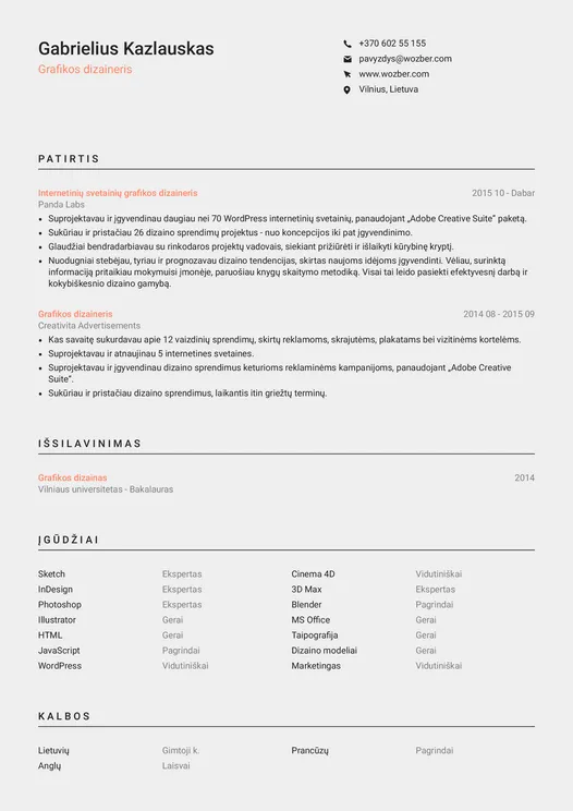Modernus CV pavyzdys grafikos dizainerio pozicijai