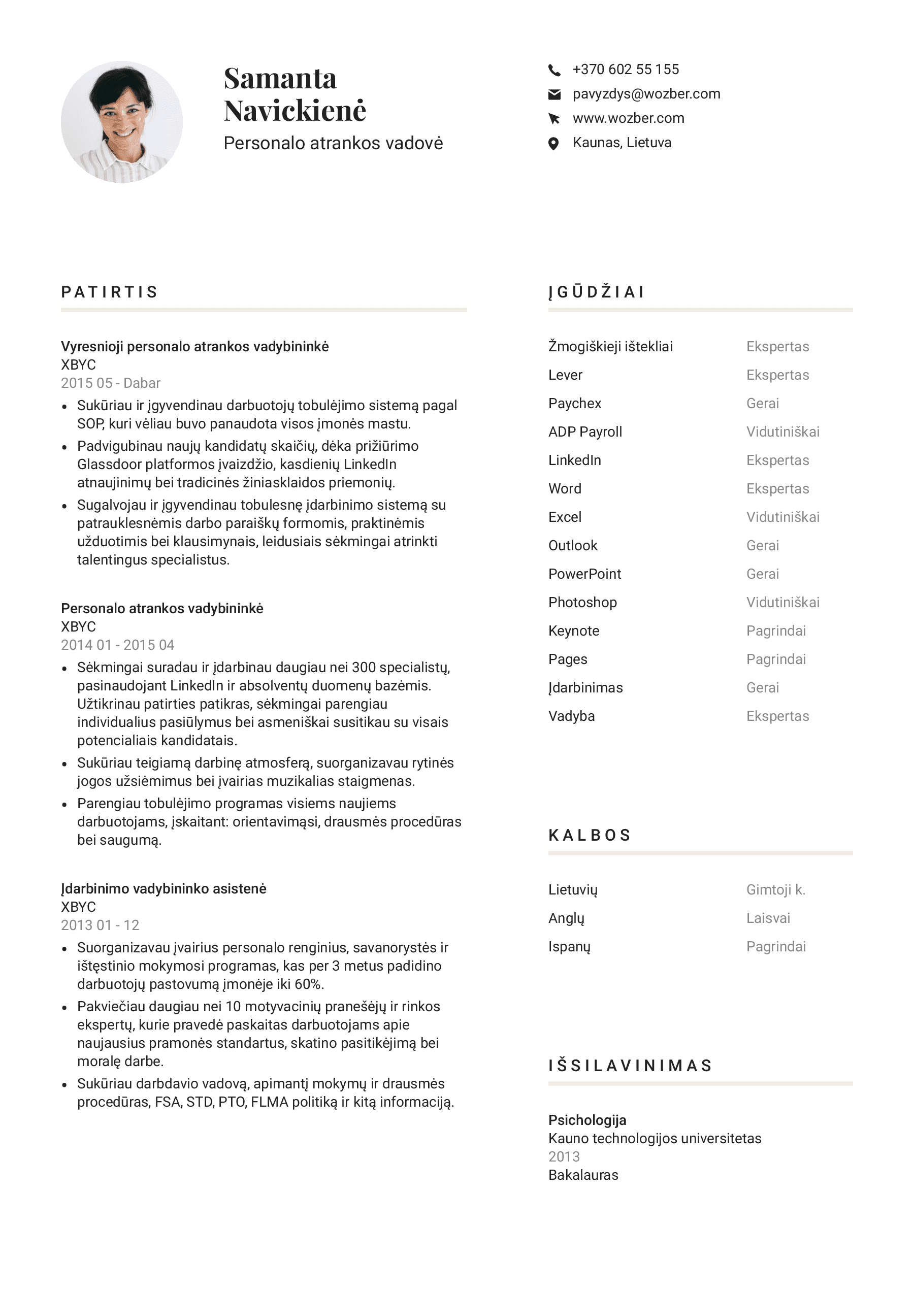 Modernus CV pavyzdys personalo atrankos vadovės pozicijai