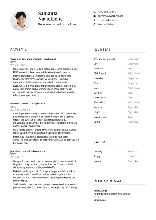 Modernus CV pavyzdys personalo atrankos vadovės pozicijai