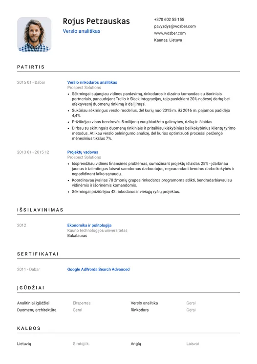 Modernus CV pavyzdys verslo analitiko pozicijai